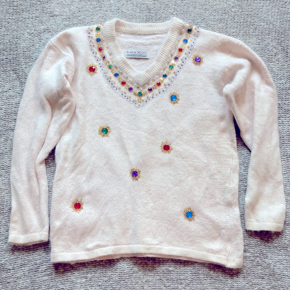 Vintage Karen Scott‎ Jeweled Sweater Silk Angora Pink V Neck Medium